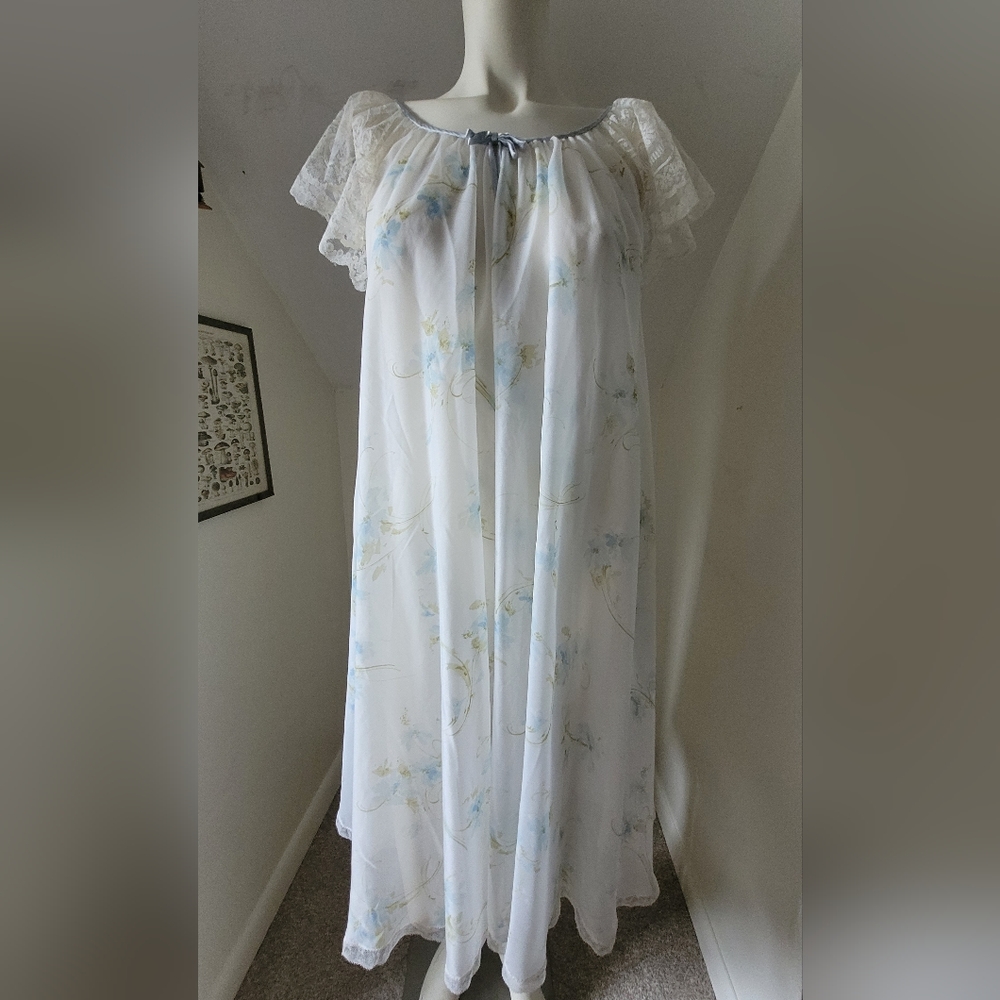 Vintage nightgown, white with blue flowers and lace